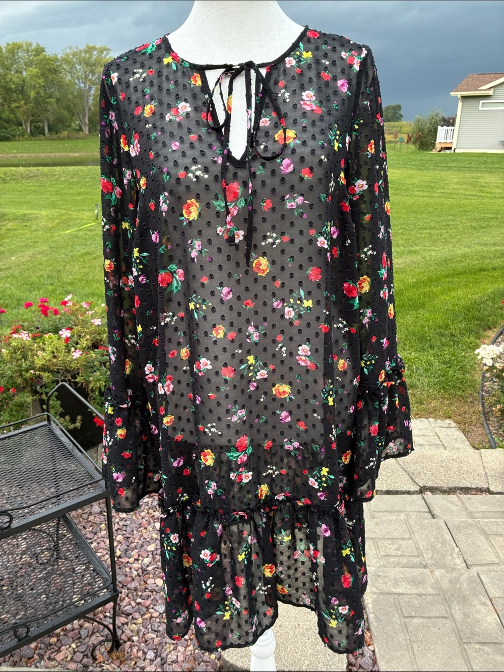 Banana Republic Black Floral Sheer Tie-Neck Dress